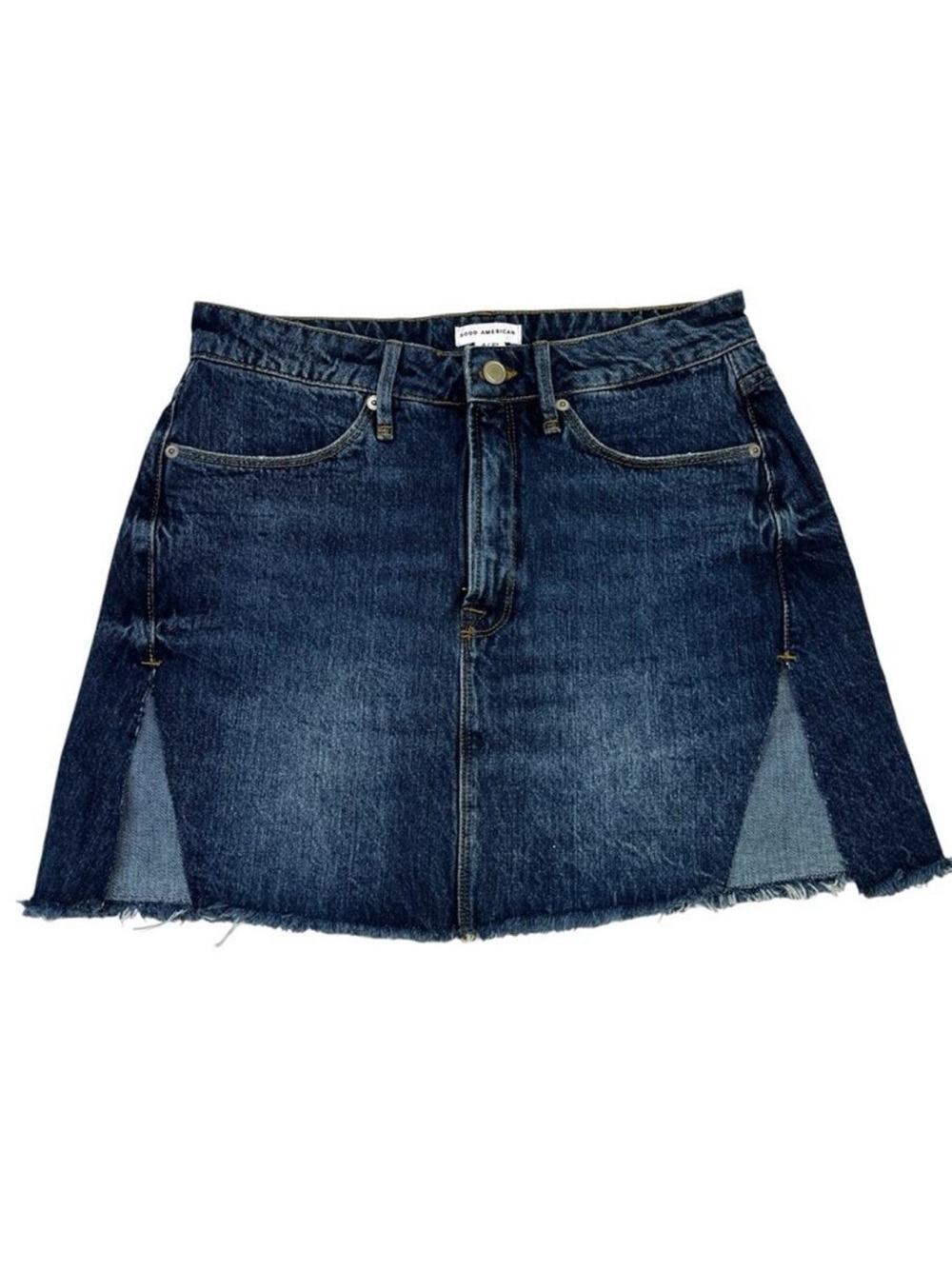 Good American Dark Blue Denim Skirt with Distressed Hem